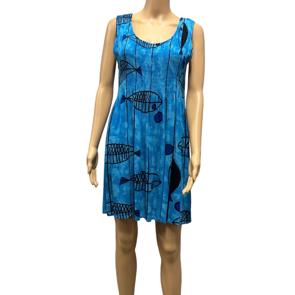 Klozlyne Blue Rayon Tropical Mirror Image Fish Hawaiian Print Dress Womens XL